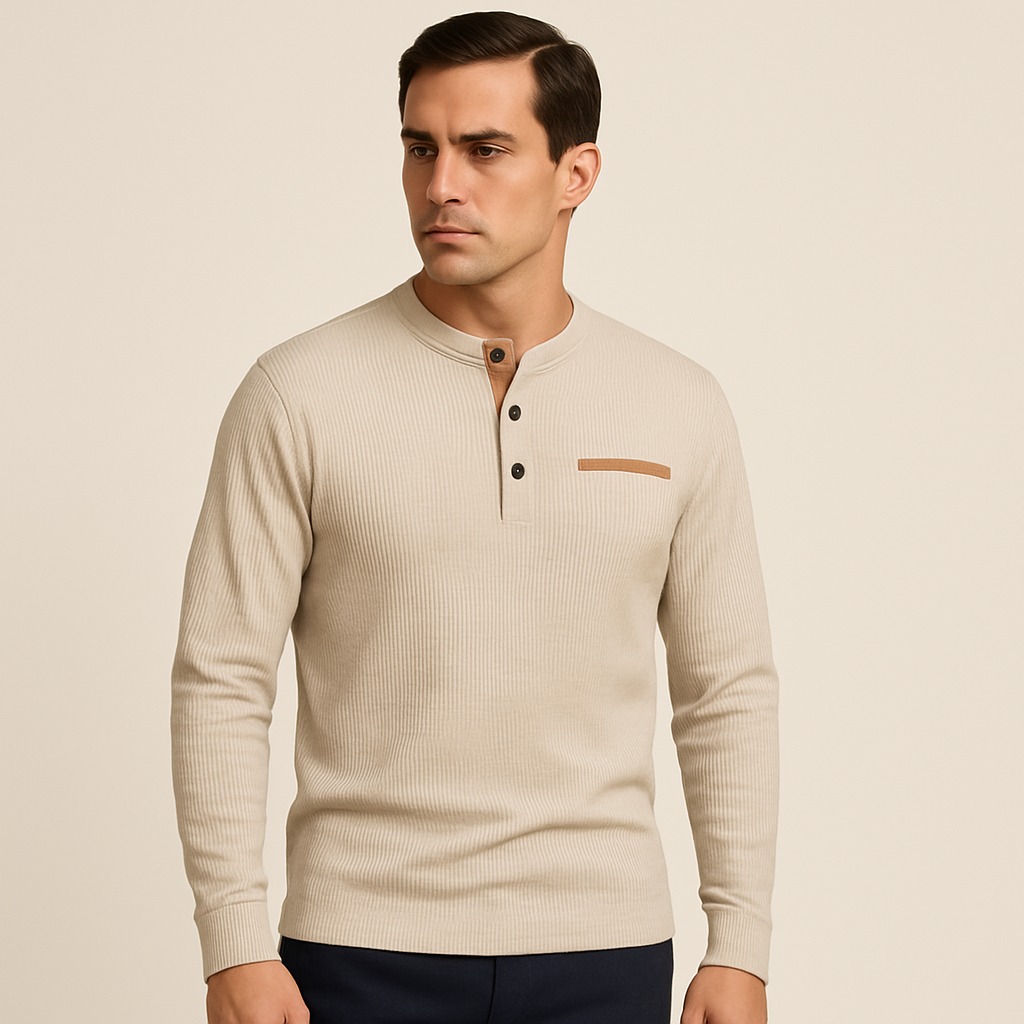Herman Koch| Heren langarm Henley-shirt van geribde katoenmix