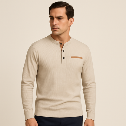 Herman Koch| Heren langarm Henley-shirt van geribde katoenmix