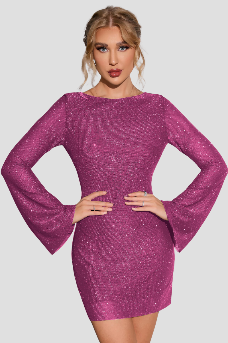Glitter Jurk Dames – Stijlvolle Feestjurk met Open Rug en Lange Mouwen