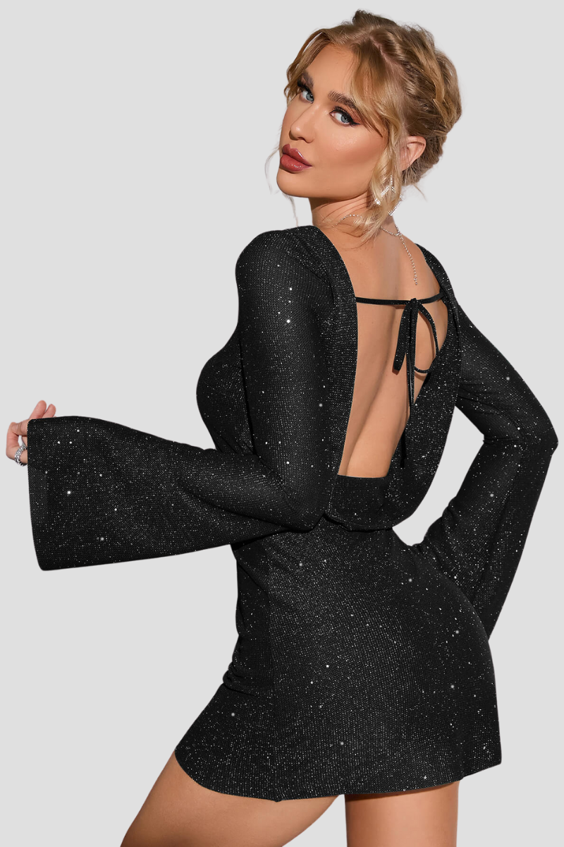 Glitter Jurk Dames – Stijlvolle Feestjurk met Open Rug en Lange Mouwen
