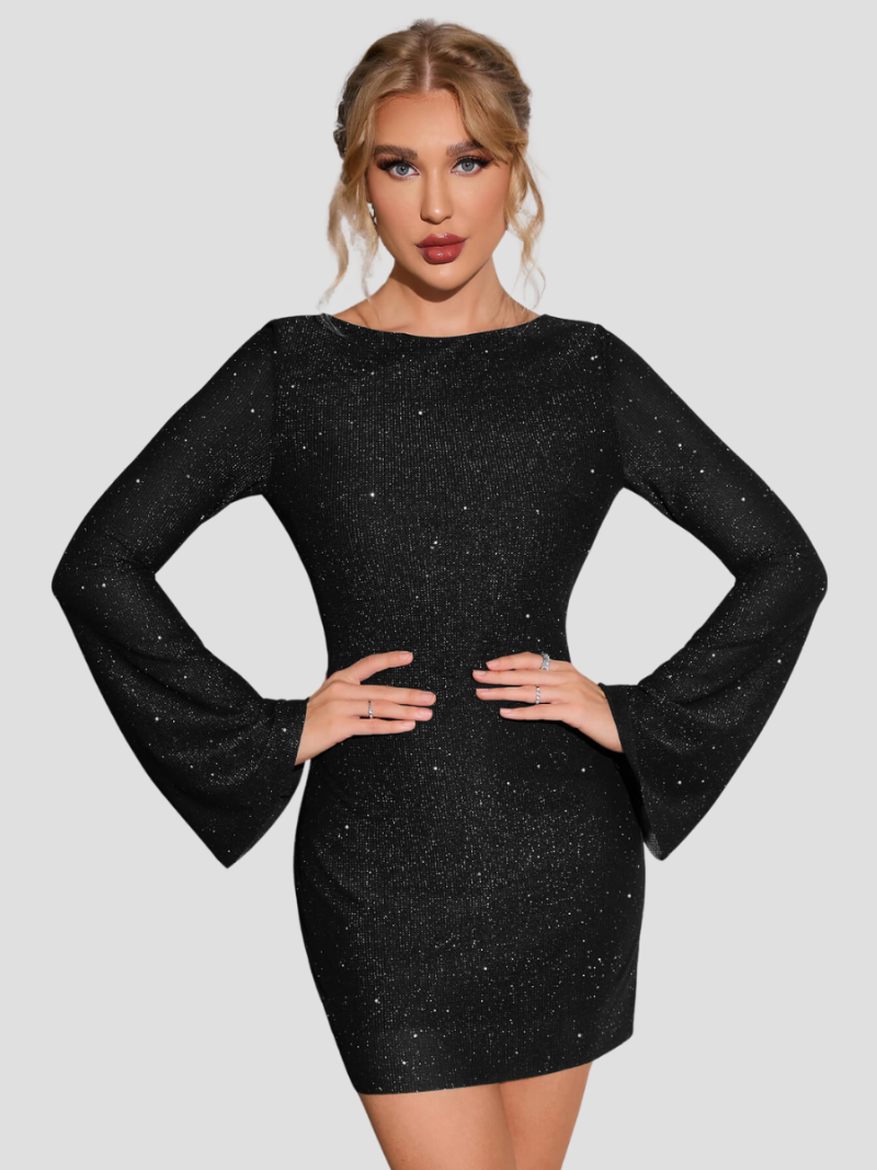 Glitter Jurk Dames – Stijlvolle Feestjurk met Open Rug en Lange Mouwen