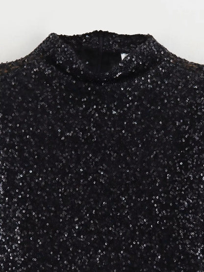 Schouder Gewatteerde Pailletten Mini Jurk – Statement Partyjurk met Luxe Sprankeling