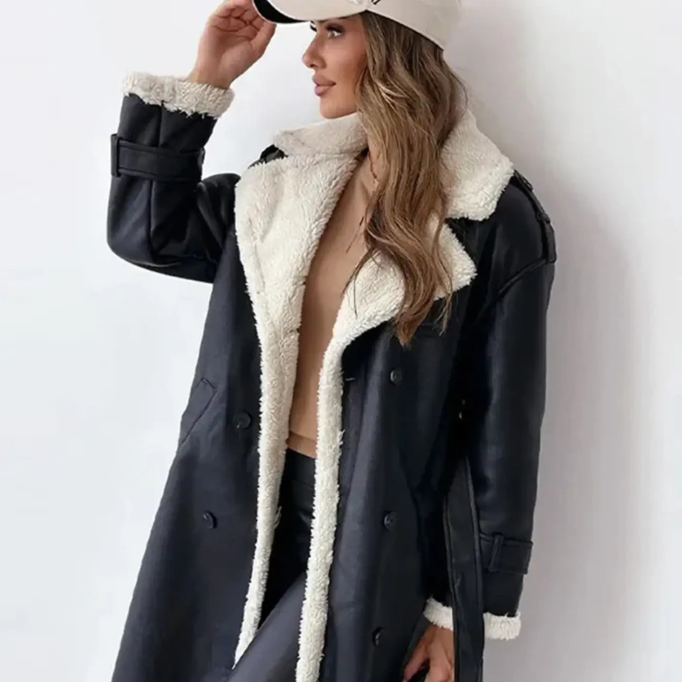 Luna| Lange klassieke jas met fleece voering en teddykragen