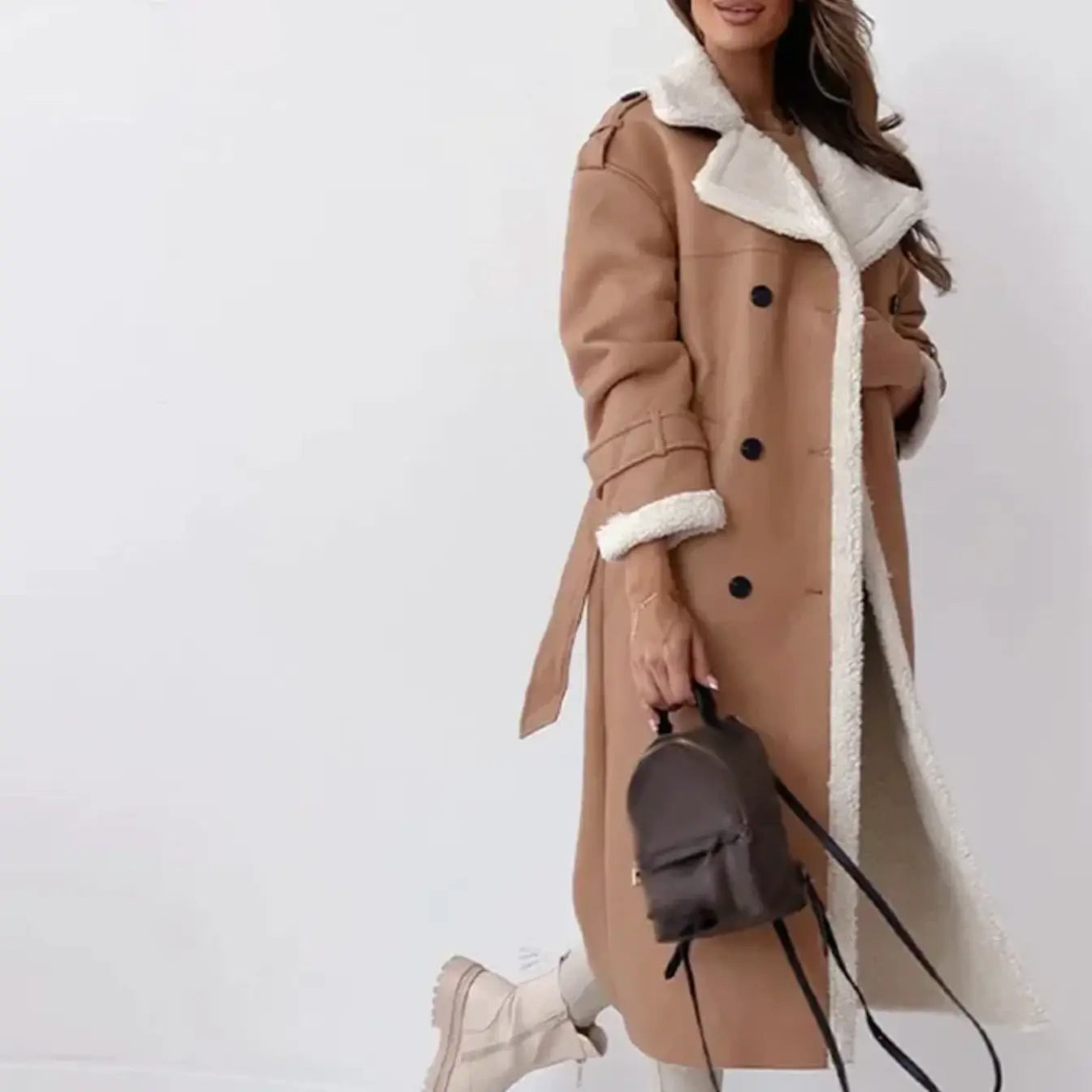 Luna| Lange klassieke jas met fleece voering en teddykragen